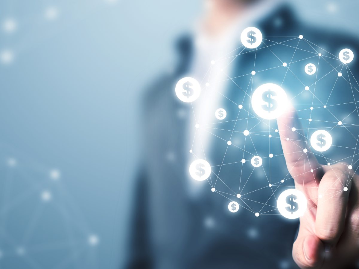 Financial technology (Fin-tech). Businessman pointing dollar currency icon. Concept online transaction application for ecommerce and internet investment